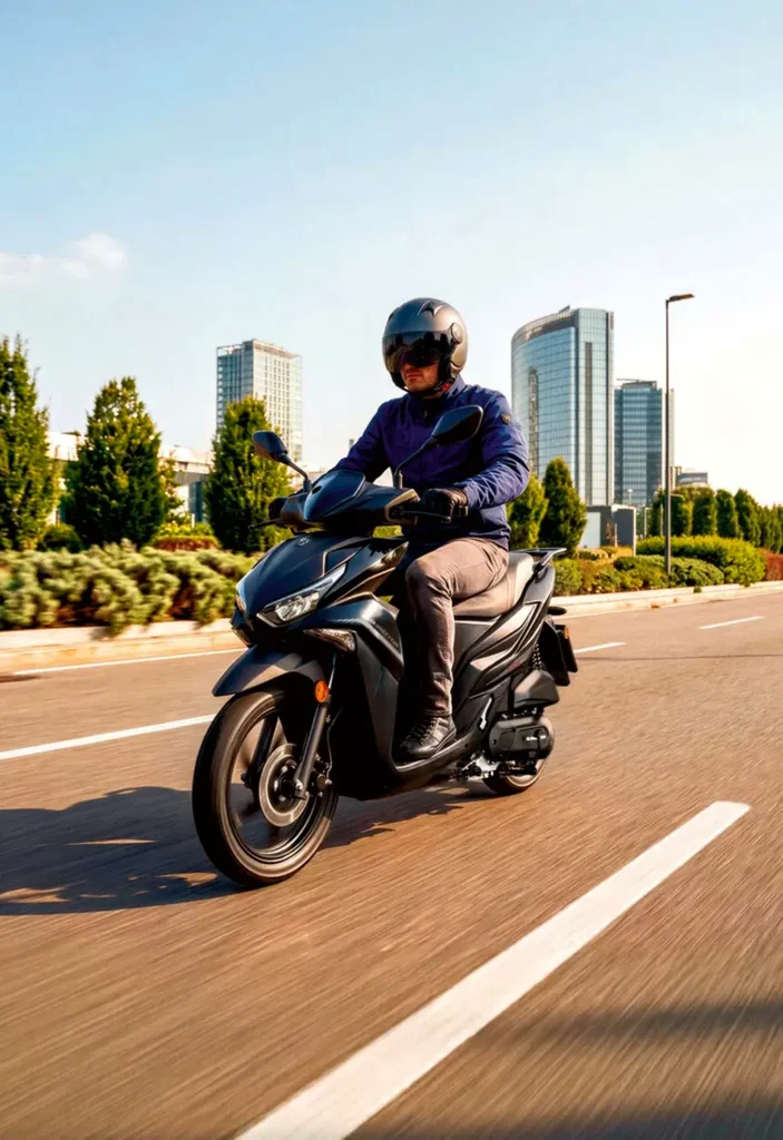 Mestský skúter QJMotor LTS 125S počas jazdy v meste